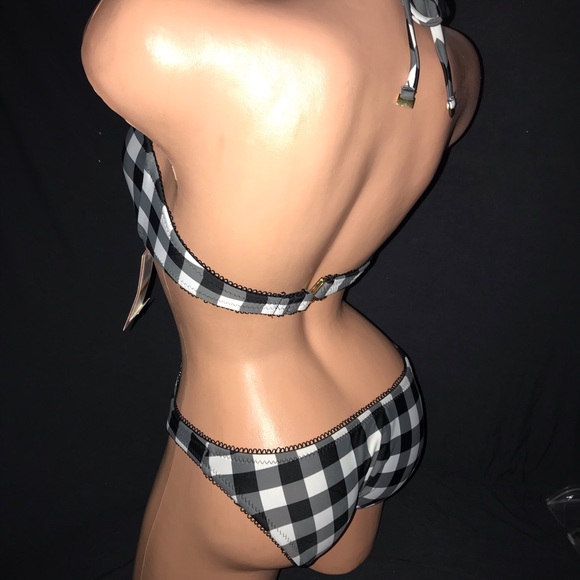 Betsey Johnson plaid black white checkered gingham swimsuit monokini bow vintage - Picture 3 of 6